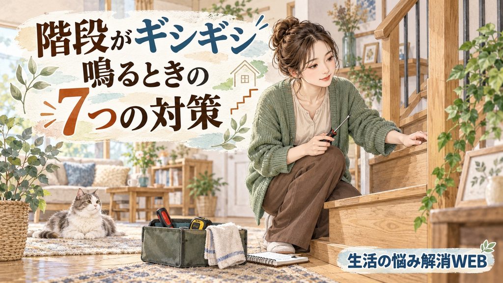 工具を用意して木製階段のギシギシ音が鳴る場所を確認している女性のイラスト