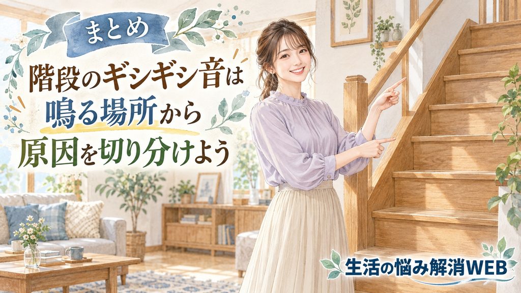 木製階段のギシギシ音が鳴る場所を指し示し、原因の切り分け方を説明する女性のイラスト
