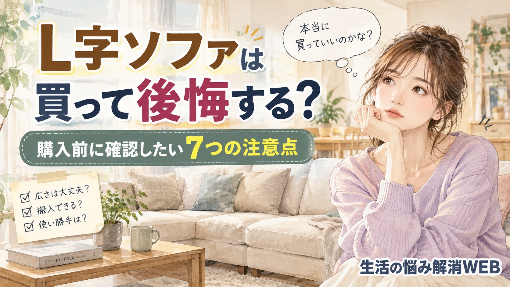 L字ソファを買って後悔しないか考える女性と、購入前に確認したい7つの注意点を紹介するリビングのイラスト